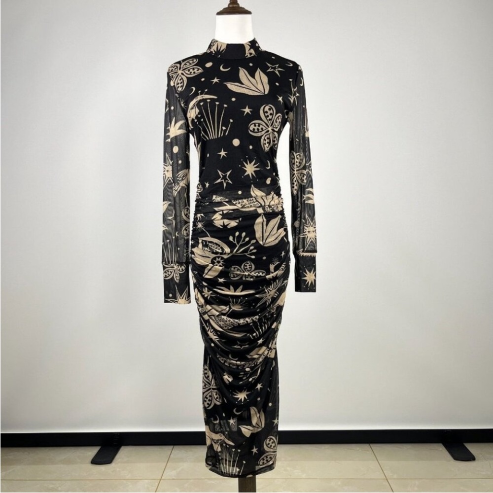 FARM Rio Black and Cream Celestial Midi Dress NWT